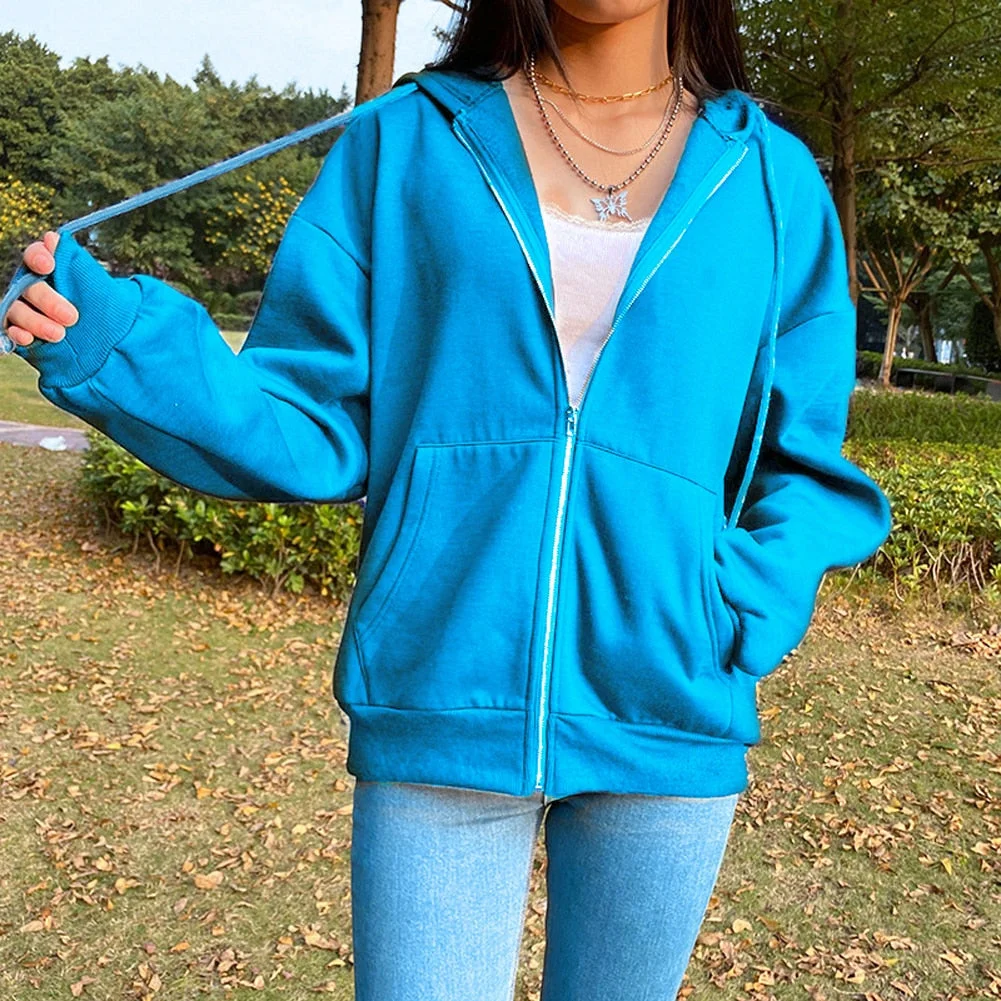 Women's Casual Loose Zip Up Hoodies Solid Color Long Sleeve Hooded Sweatshirts E-Girls Pullover Top Spring Autumn Streetwear