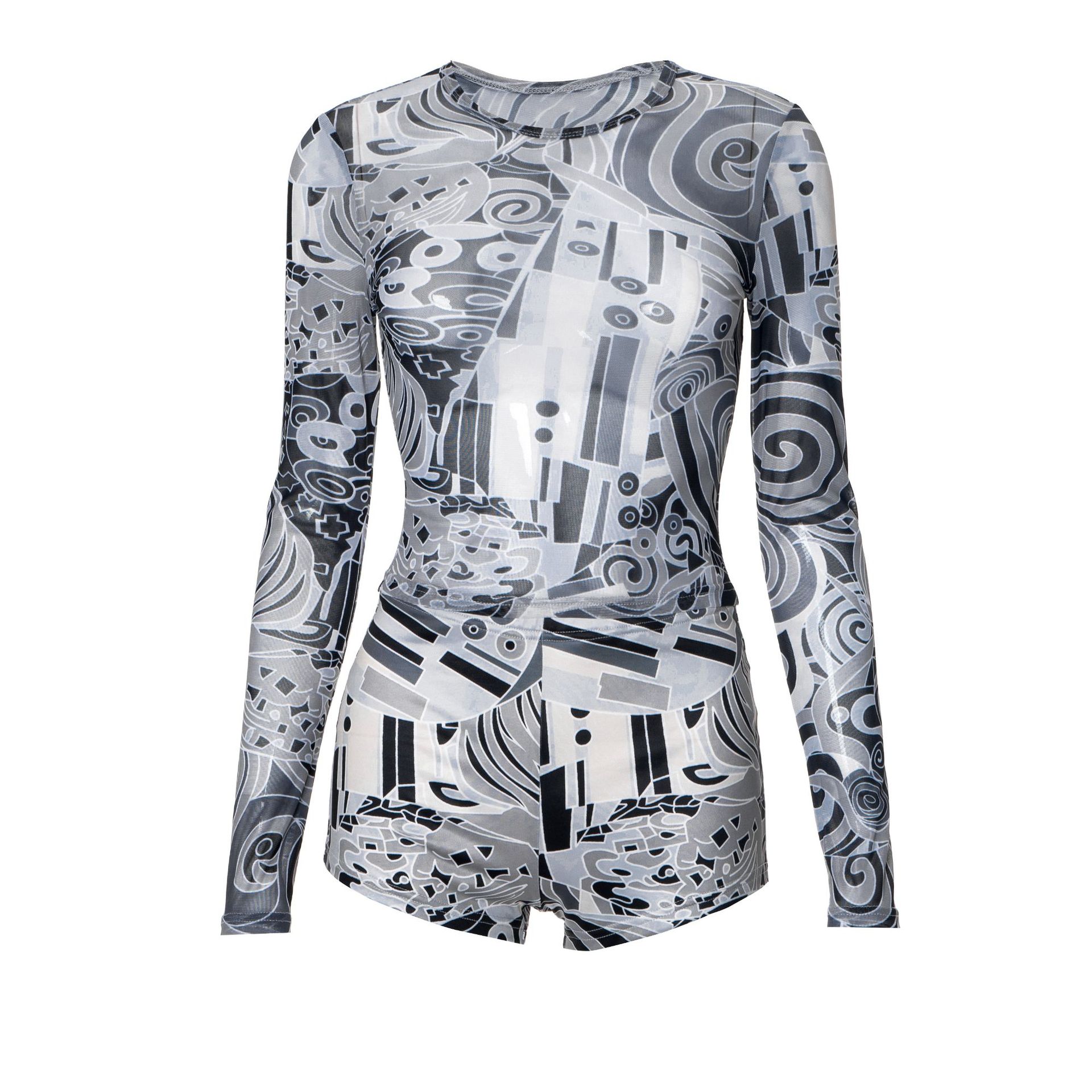 Women Summer Round Neck Long Sleeve Mesh Top and Shorts Casual Two-piece Set