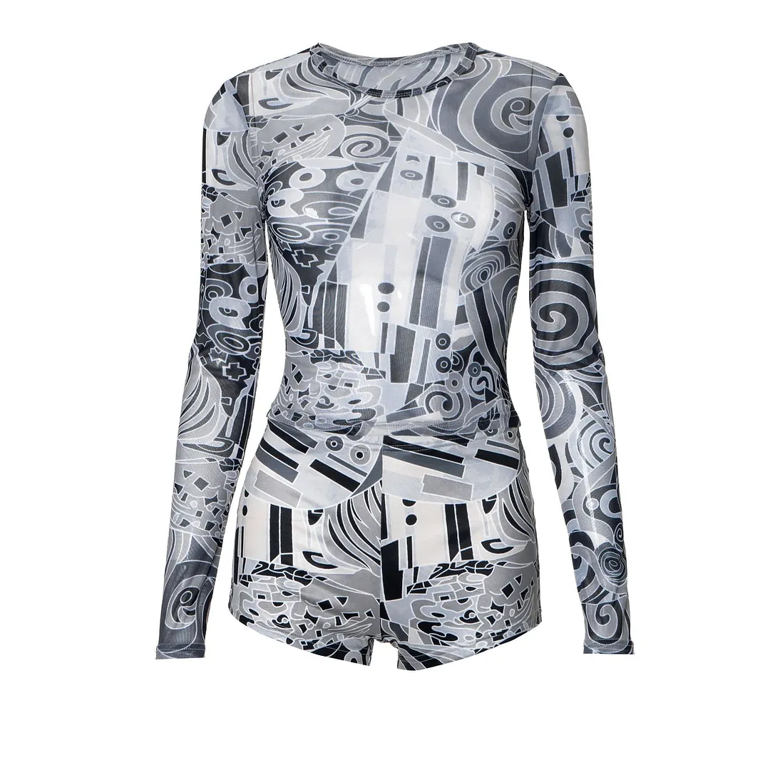 Women Summer Round Neck Long Sleeve Mesh Top and Shorts Casual Two-piece Set