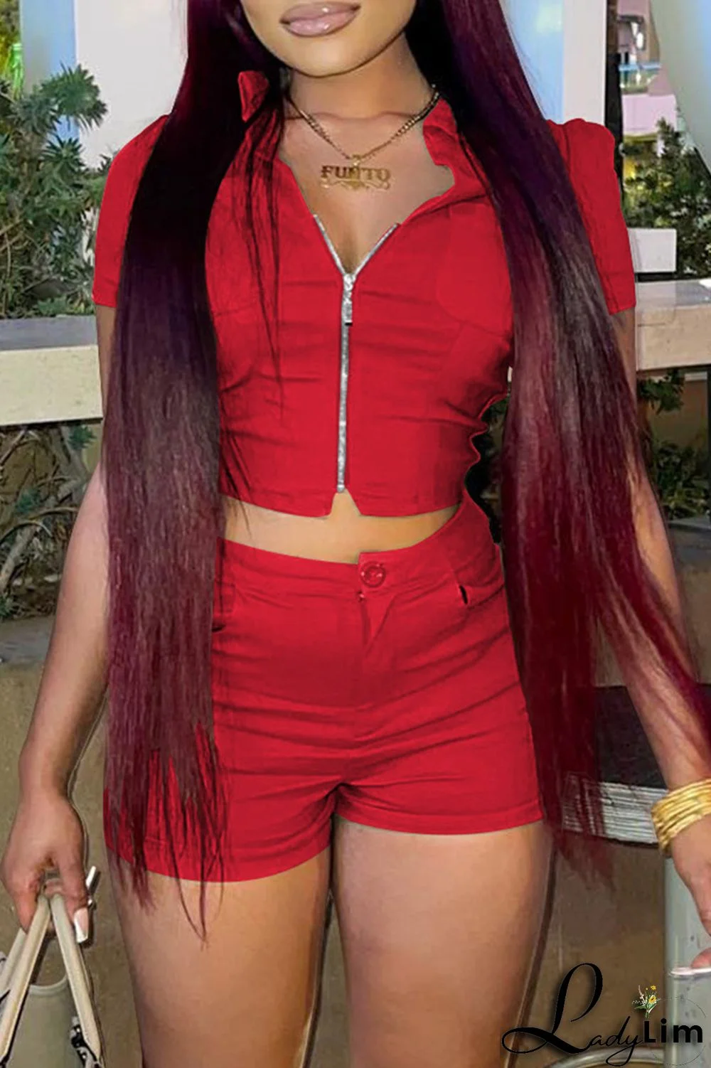 Khaki Fashion Casual Solid Basic Zipper Collar Short Sleeve Two Pieces