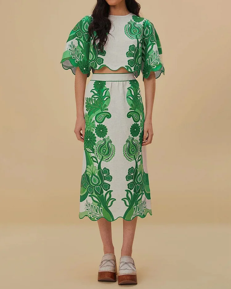 Women's fashionable loose printed top and skirt suit