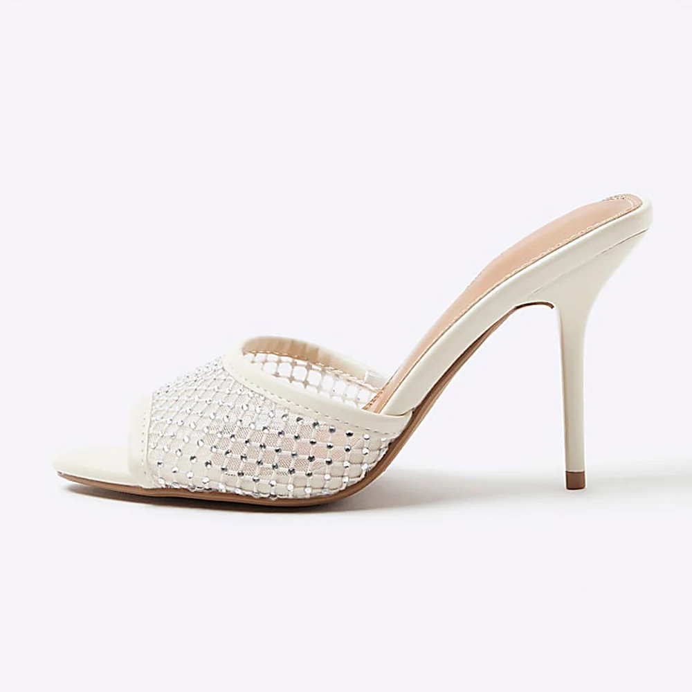 Ivory Rhinestone Mesh Open Toe Stiletto Heel Mules Sandals