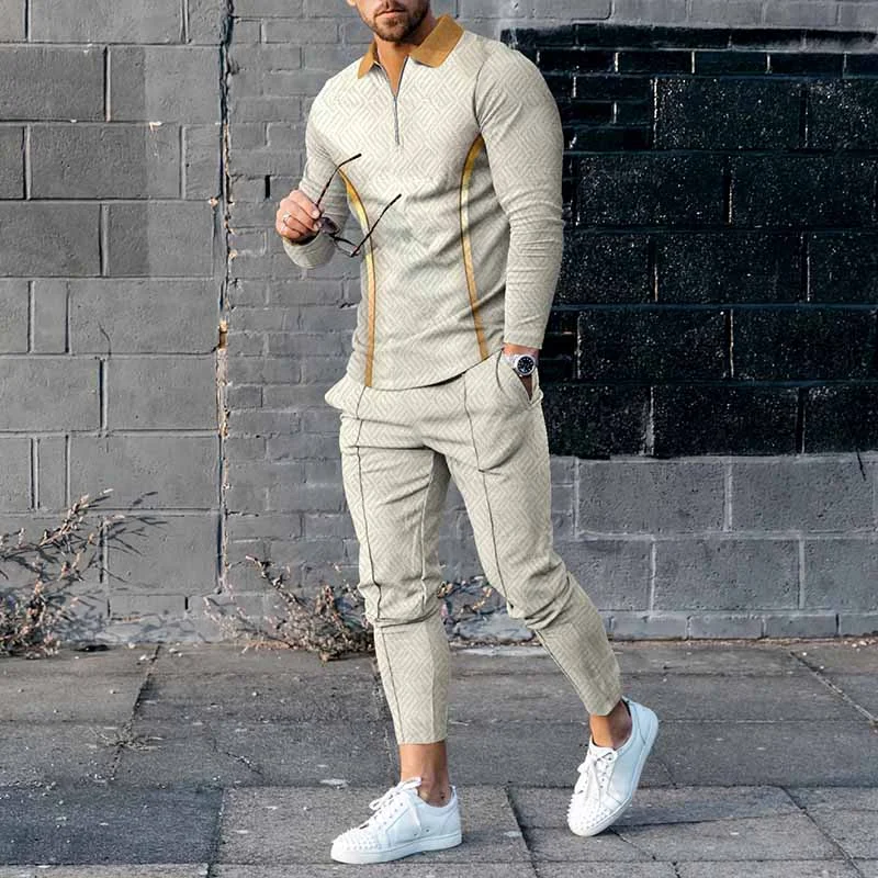 Fashion Color Contrast Gold Thread Beige Polo Shirt And Pants Co-Ord