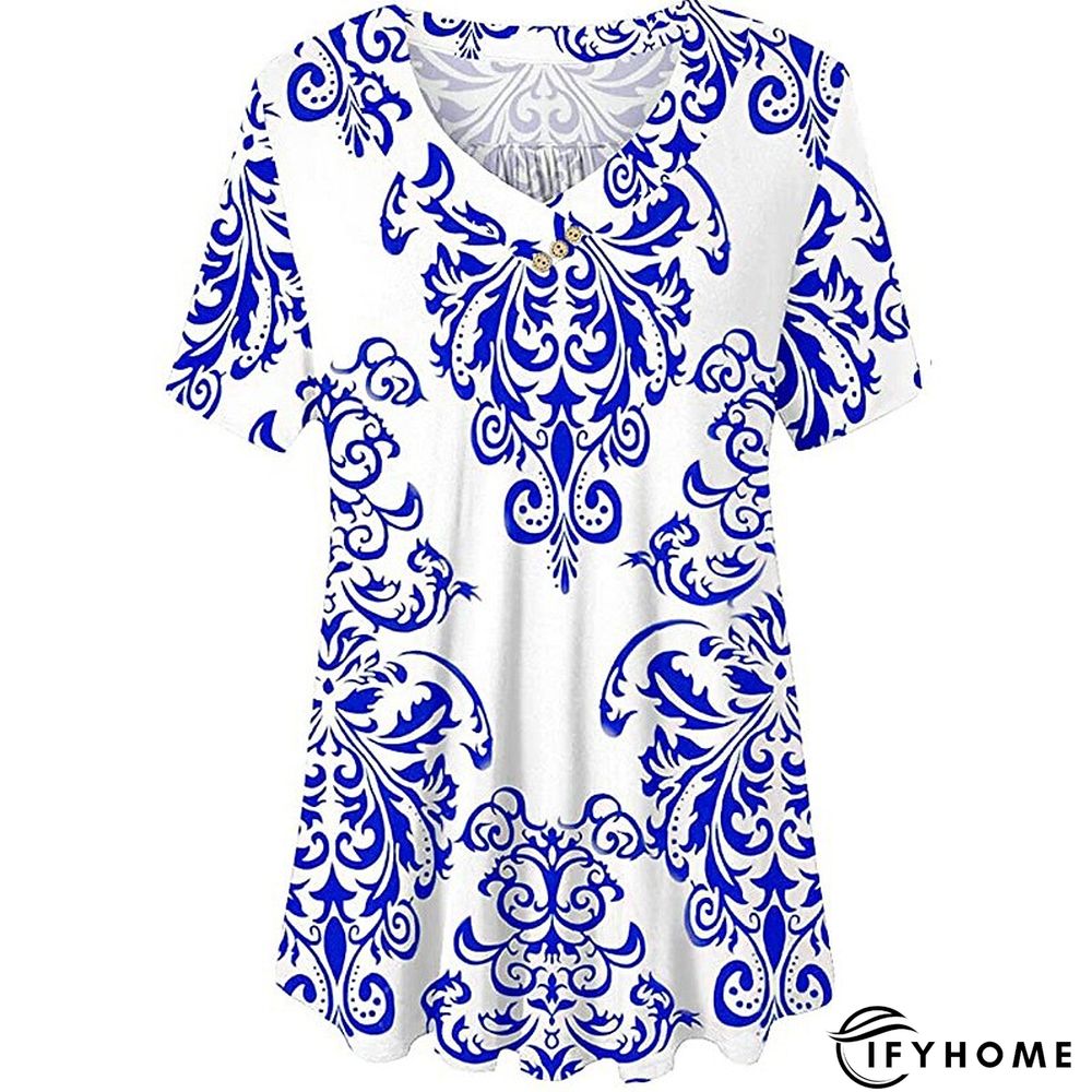 Women's Shirt Blouse Denim Blue Black White Leopard Floral Print Short Sleeve Casual Holiday Basic V Neck Regular Floral Plus Size M | IFYHOME