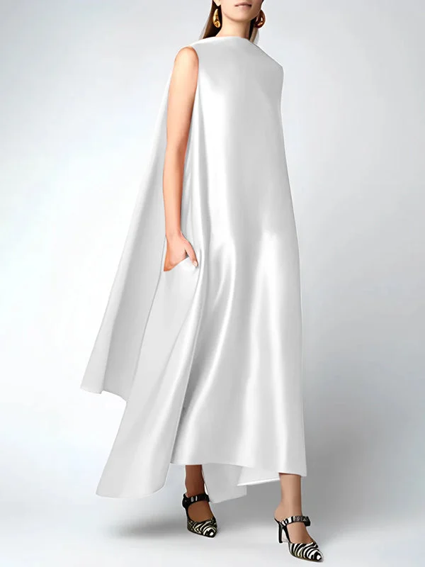 White Loose Sleeveless Solid Color Round-Neck Maxi Dresses