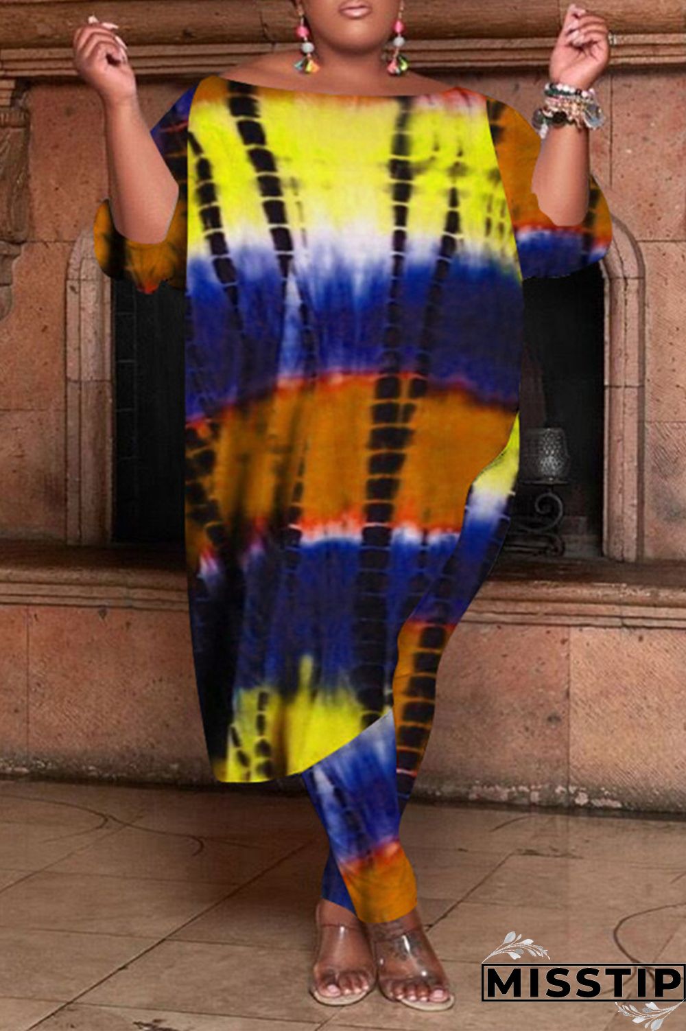 Orange Fashion Casual Tie Dye Asymmetrical O Neck Plus Size Two Pieces