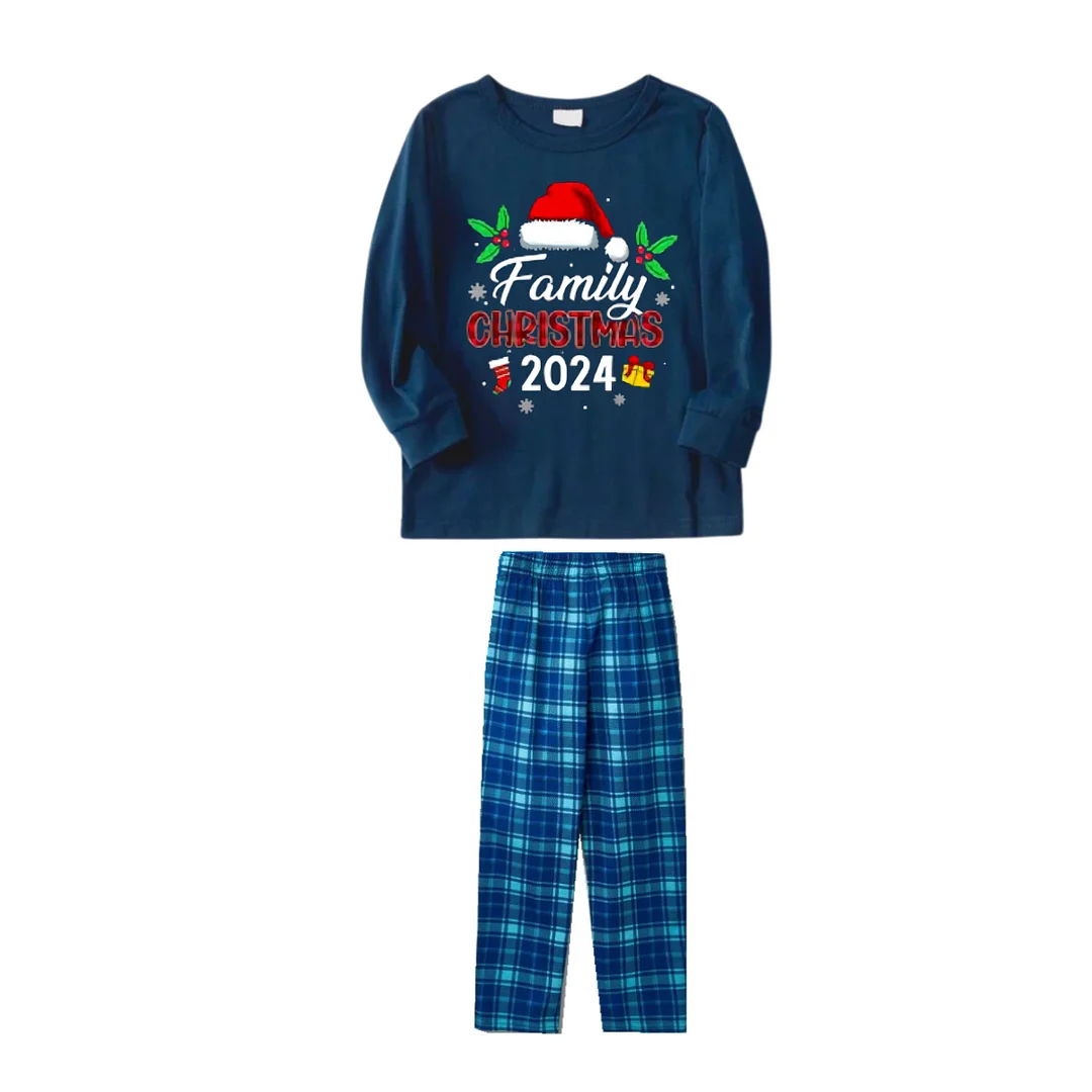 Santa Hat and "Family Christmas 2024" Printed Blue Christmas Matching Pajamas