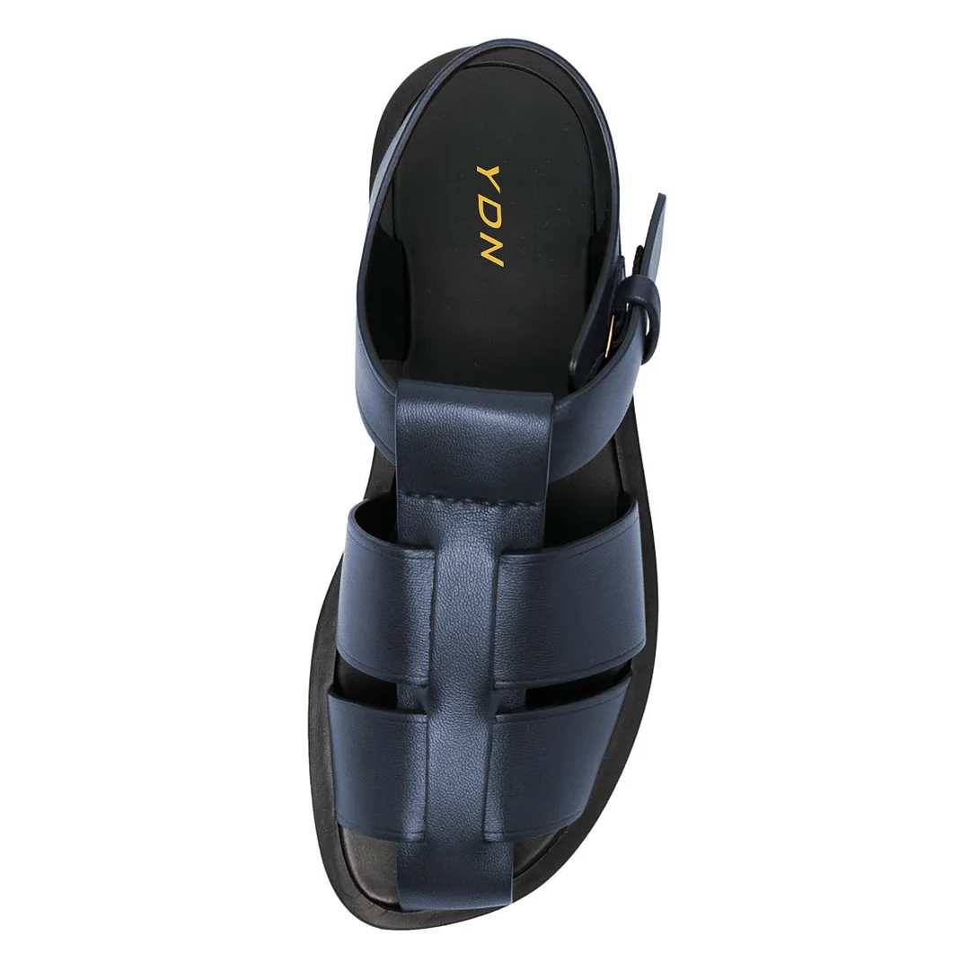 Vegan Leather Round-Toe Cage Comfy Flat Sandals in Navy