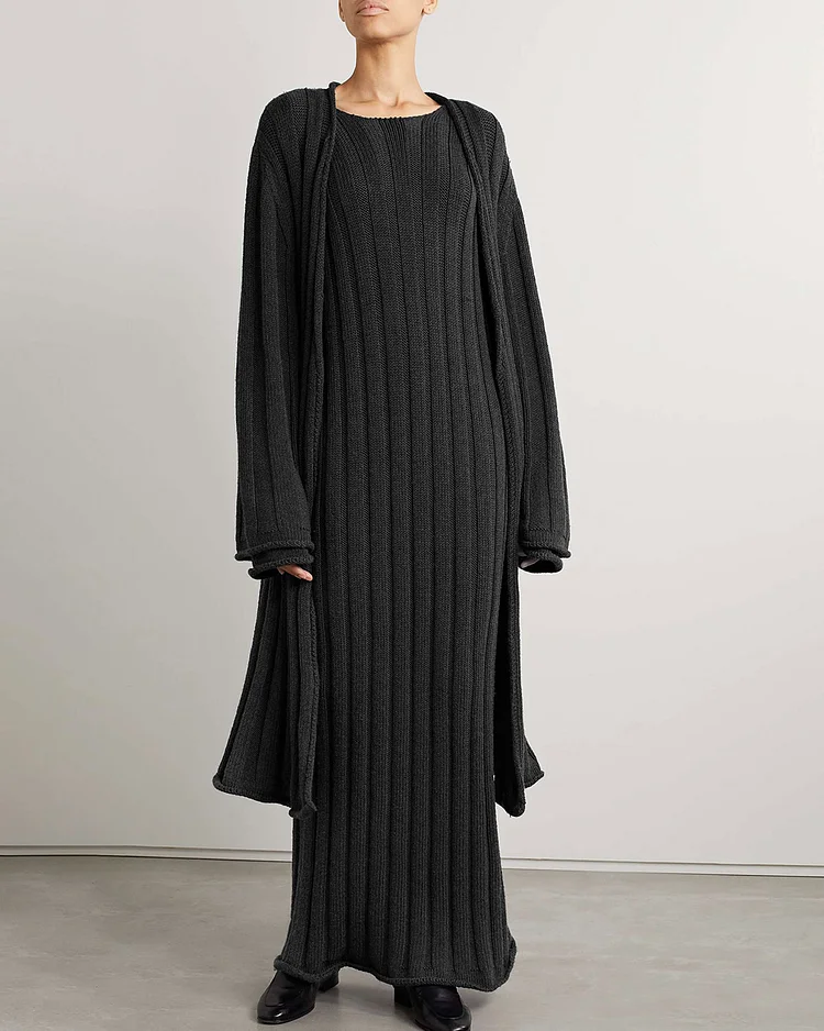 Oversized Ribbed Wool-Blend Cardigan And Dress Two-Piece Set