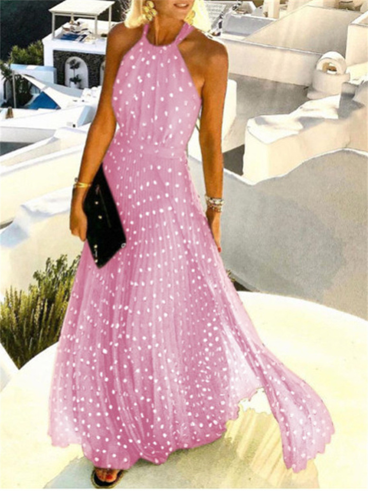 Women's Casual Dress Swing Dress Polka Dot Dress Long Dress Maxi Dress Green Black Blue Sleeveless Polka Dot Print Spring Summer Halter Neck Gothic Daily 2022 S M L XL