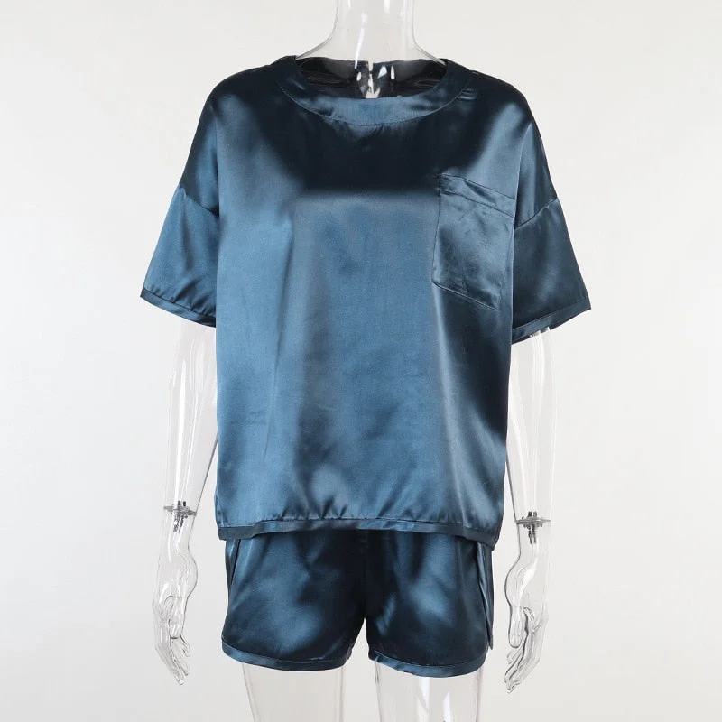 2022 new solid color satin loose top and shorts urban leisure short sleeve suit Pajama shorts set of two fashion pieces forwomen