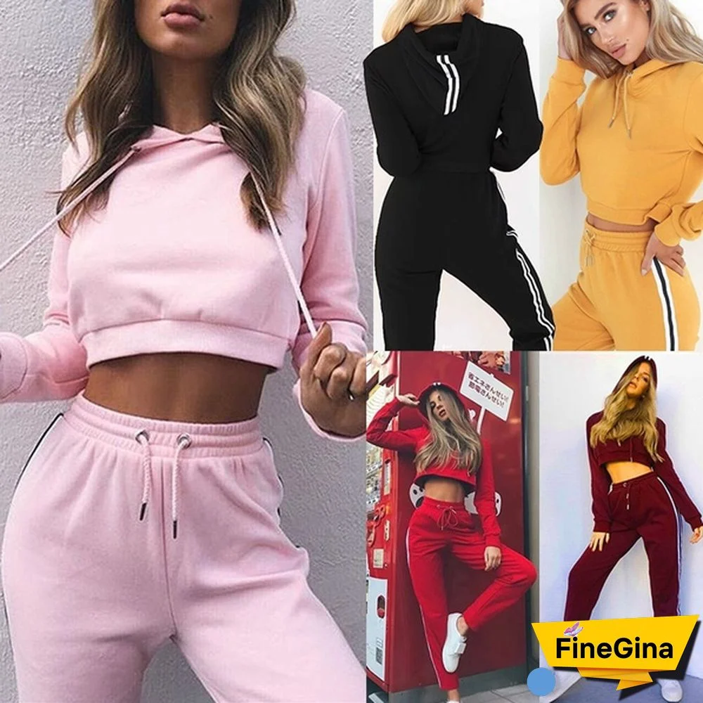 Trending Women's Long Sleeve Casual Suit Lady Fashion Hooded Sweatshirt And Striped Long Pants Two Pieces Outfit For Women