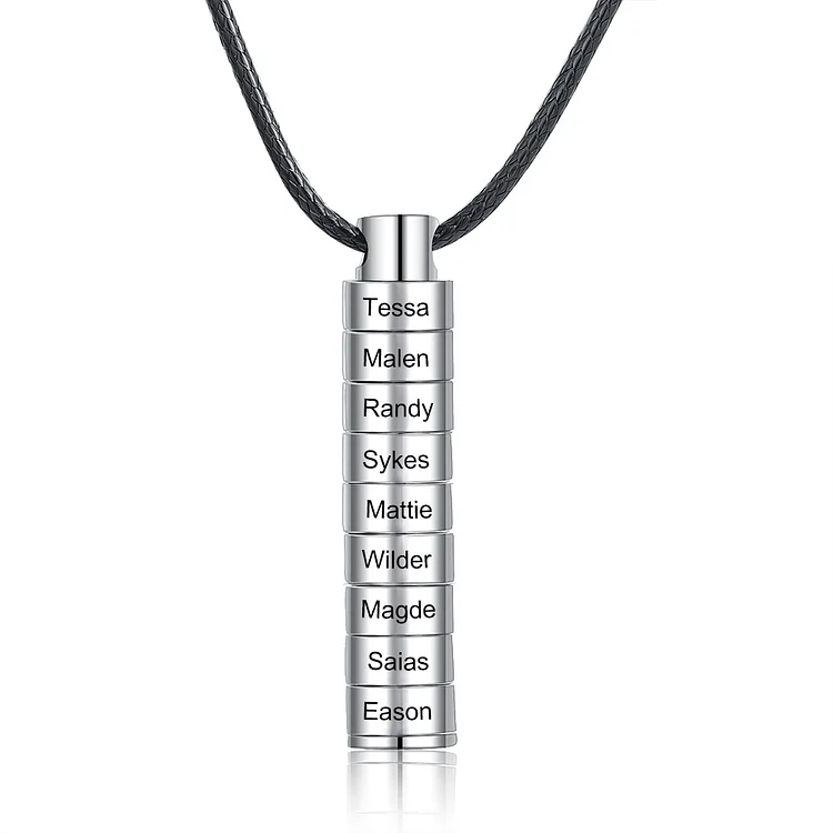 Personalized Engraved Cylinder Bar 9 Names Necklace Men - Family Long Vertical Bar Cylindrical Necklace