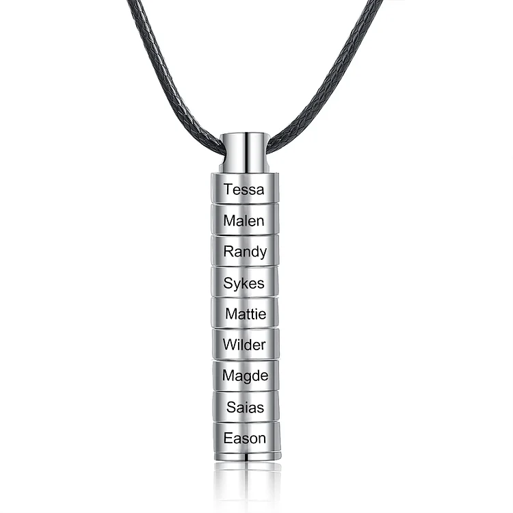 Personalized Vertical Cylinder Pendant Necklace with Beads Engraved 9 Names Men's Necklace for Him