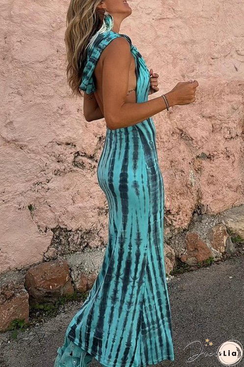 Meridress Cowl Neck Backless Tie Dye Hoodied Maxi Dress