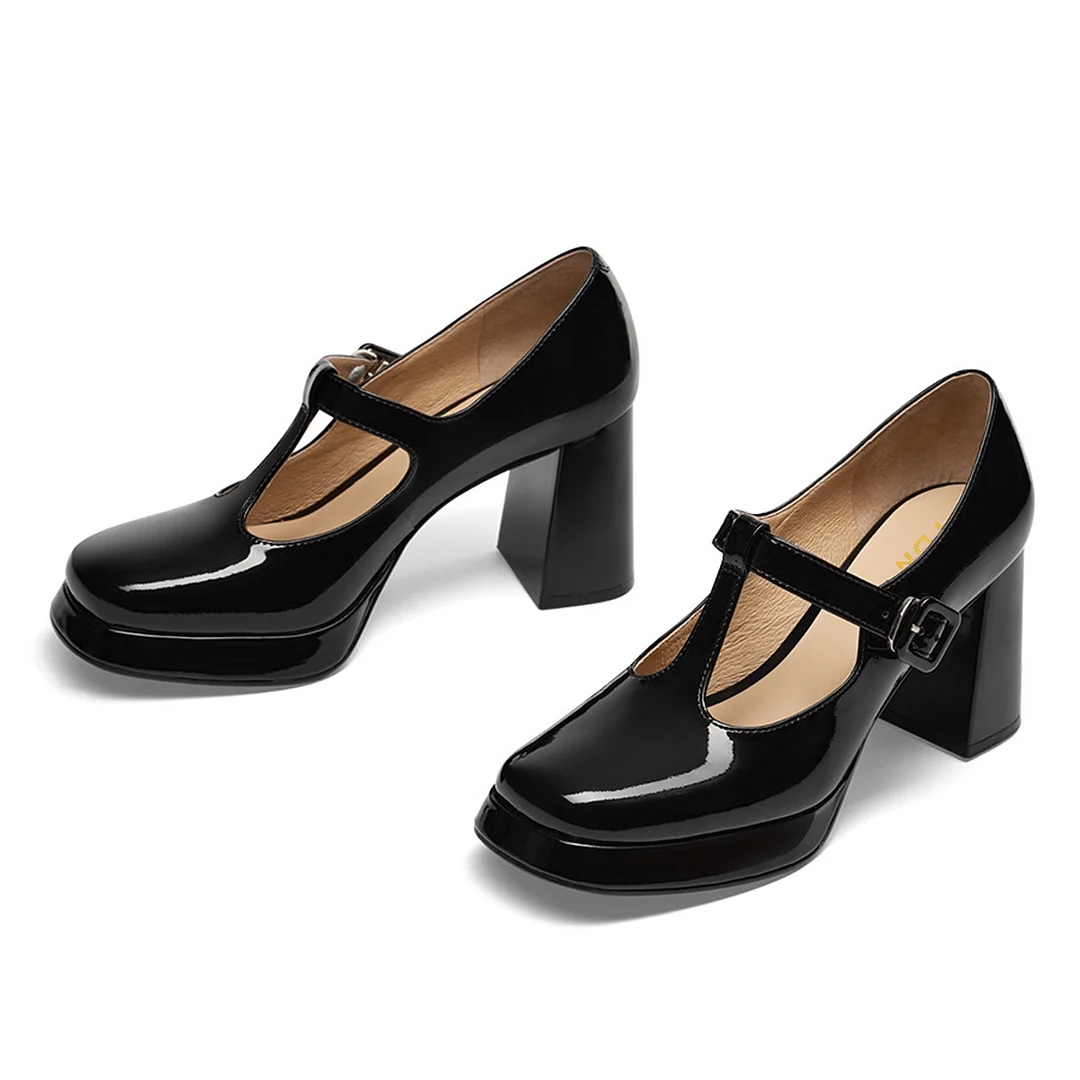 Patent Leather Square Toe Block Heel Platform Mary Janes in Black