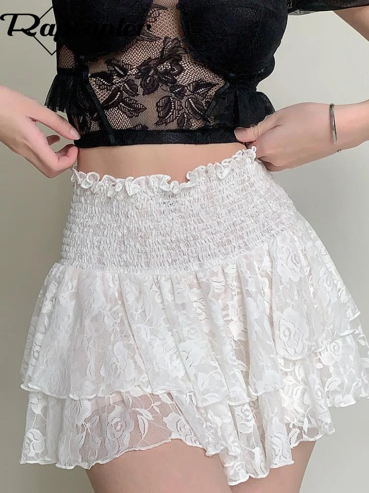 Rapcopter y2k Floral Lace Pleated Skirts White Ruched Elastic High Waist Retro Cute Sweet Mini Skirts Women Fairycore Party 2022