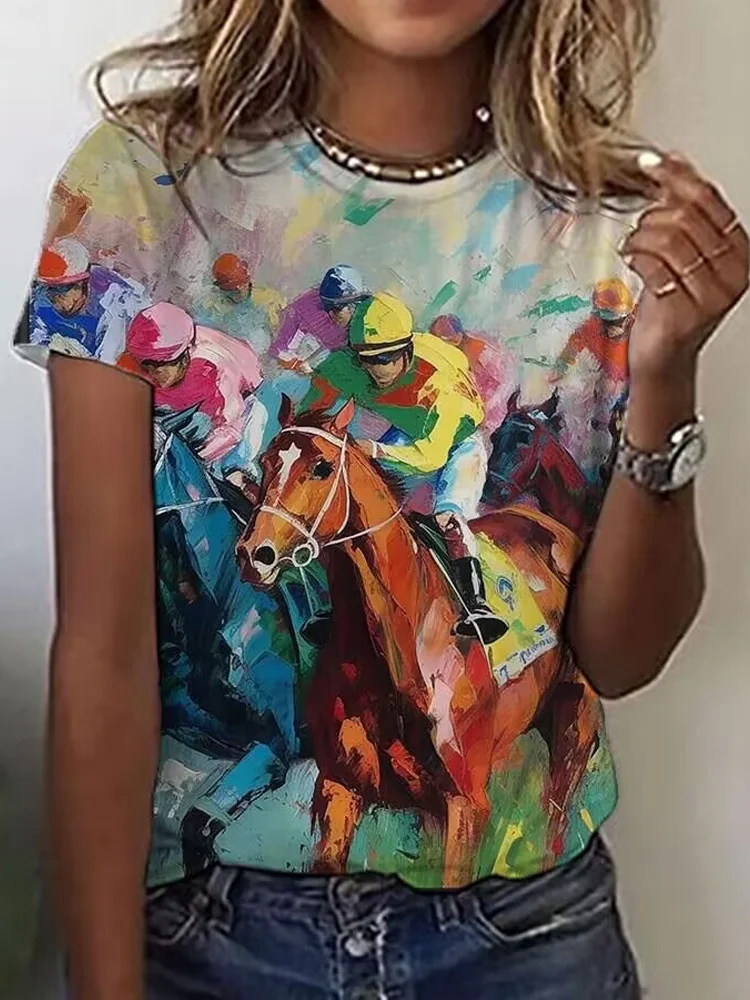 VChics Horse Race Print Cotton Blend Shirt