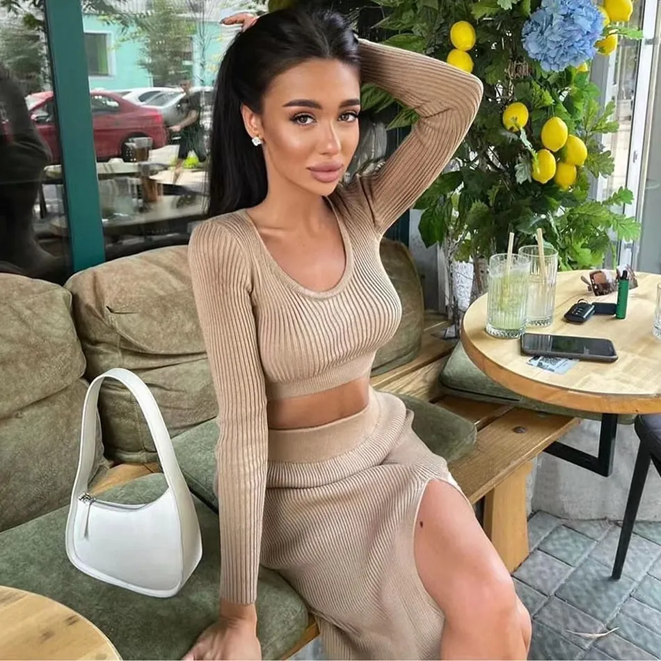 wsevypo Autumn Chic Casual Knitted Two-pieces Skirts Suits Women's Sets Long Sleeve Cropped Pulloves+Split Midi Bodycon Skirts