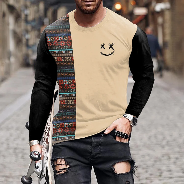 Broswear Men's Colorful Geometric & Smile Face Print Patchwork Long Sleeve T Shirt