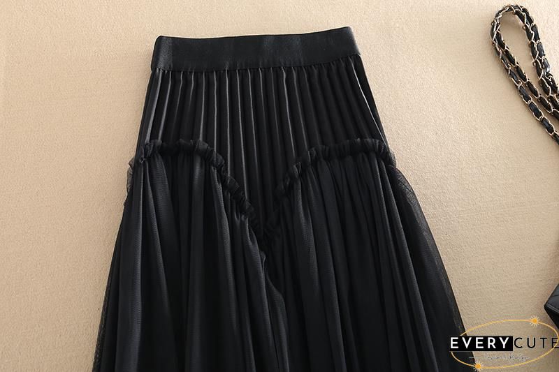 Original Design Khaki High Waist Ruffled Patchwork Tulle Pleated Skirts Spring