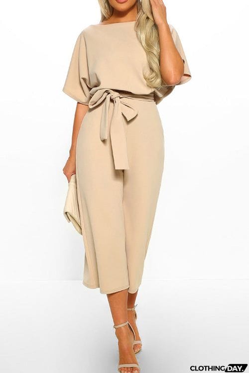 Fashion Chic Solid Short Sleeve Lace Up Slim Jumpsuit