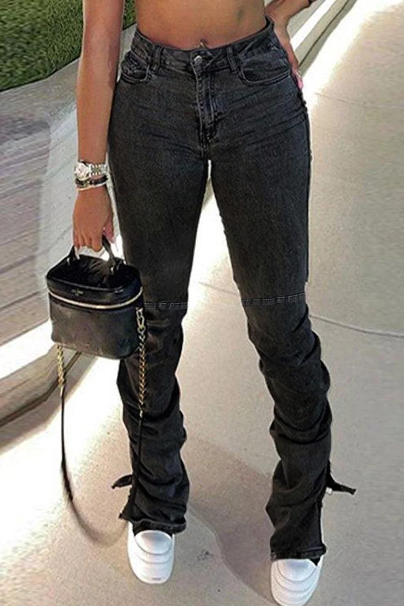 Dark Gray Fashion Casual Solid Patchwork Slit Fold High Waist Regular Denim Jeans | EGEMISS