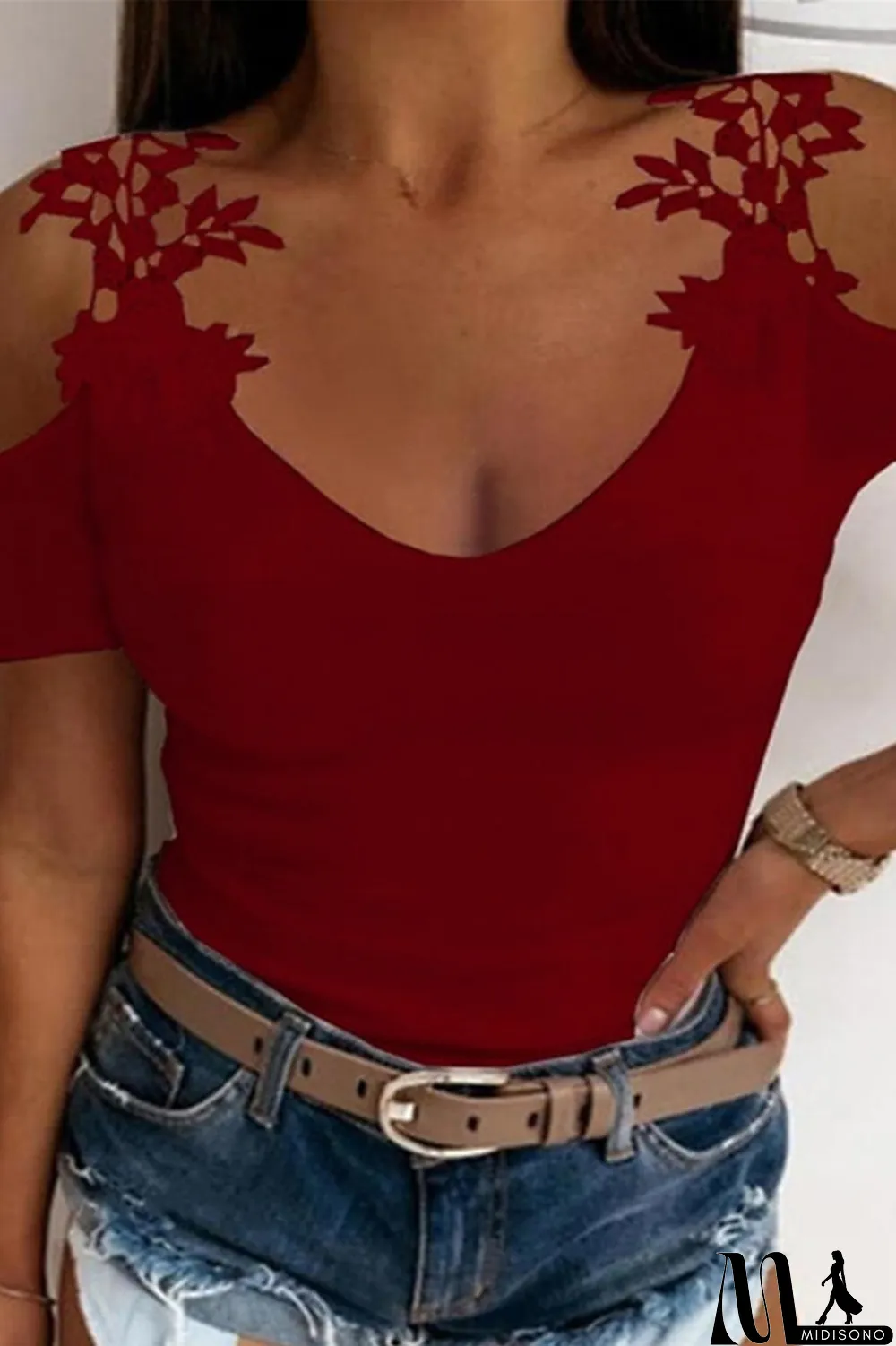 MidiSono - White Casual Solid Hollowed Out V Neck T-Shirts