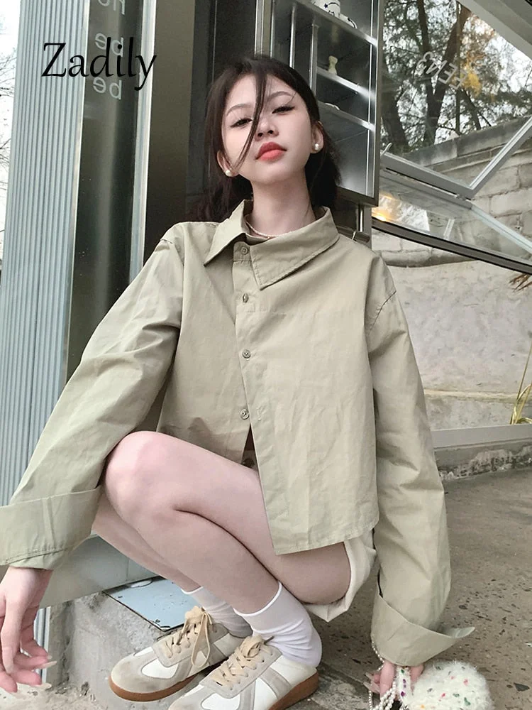 Huibahe 2023 Summer Office Lady Long Shirt Women Crop Shirt Korea Style Asymmetrical Button Up Woman Blouse Work Female Clothing