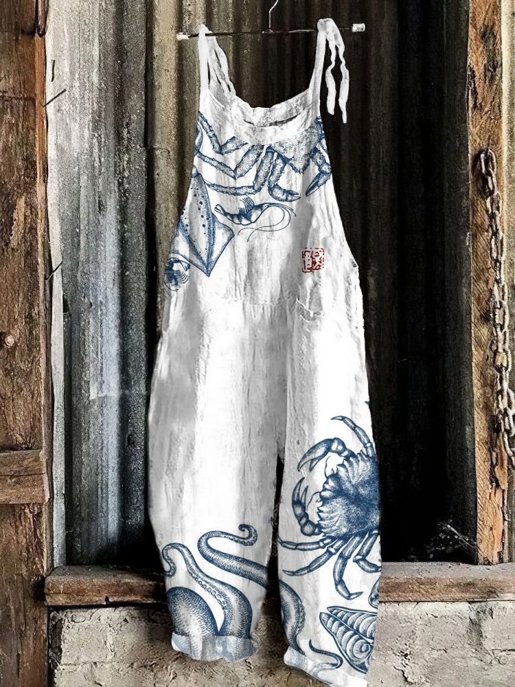 Comstylish Japanese Art Octopus And Crab Print Casual Linen Blend Loose Jumpsuit