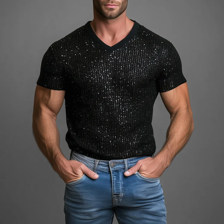 Okaywear Sparkly Sequin V Neck Short Sleeve Sweater Okaywear