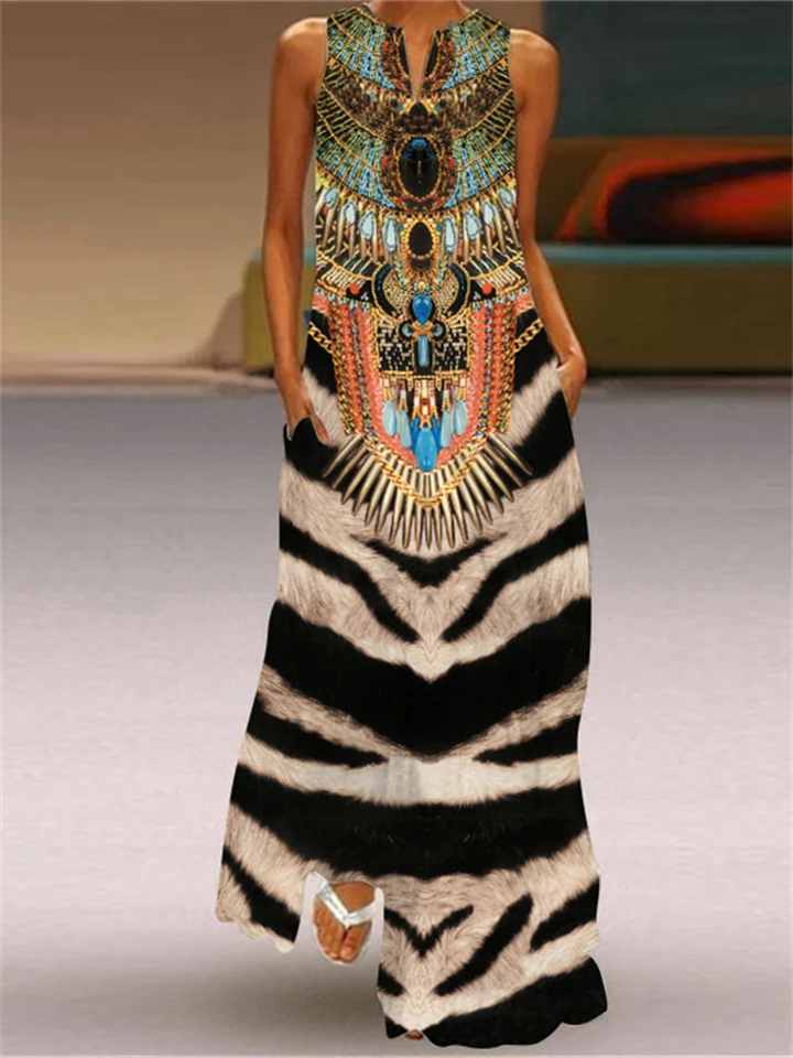 Digital Printed V-Neck Sleeveless Dress Pocket