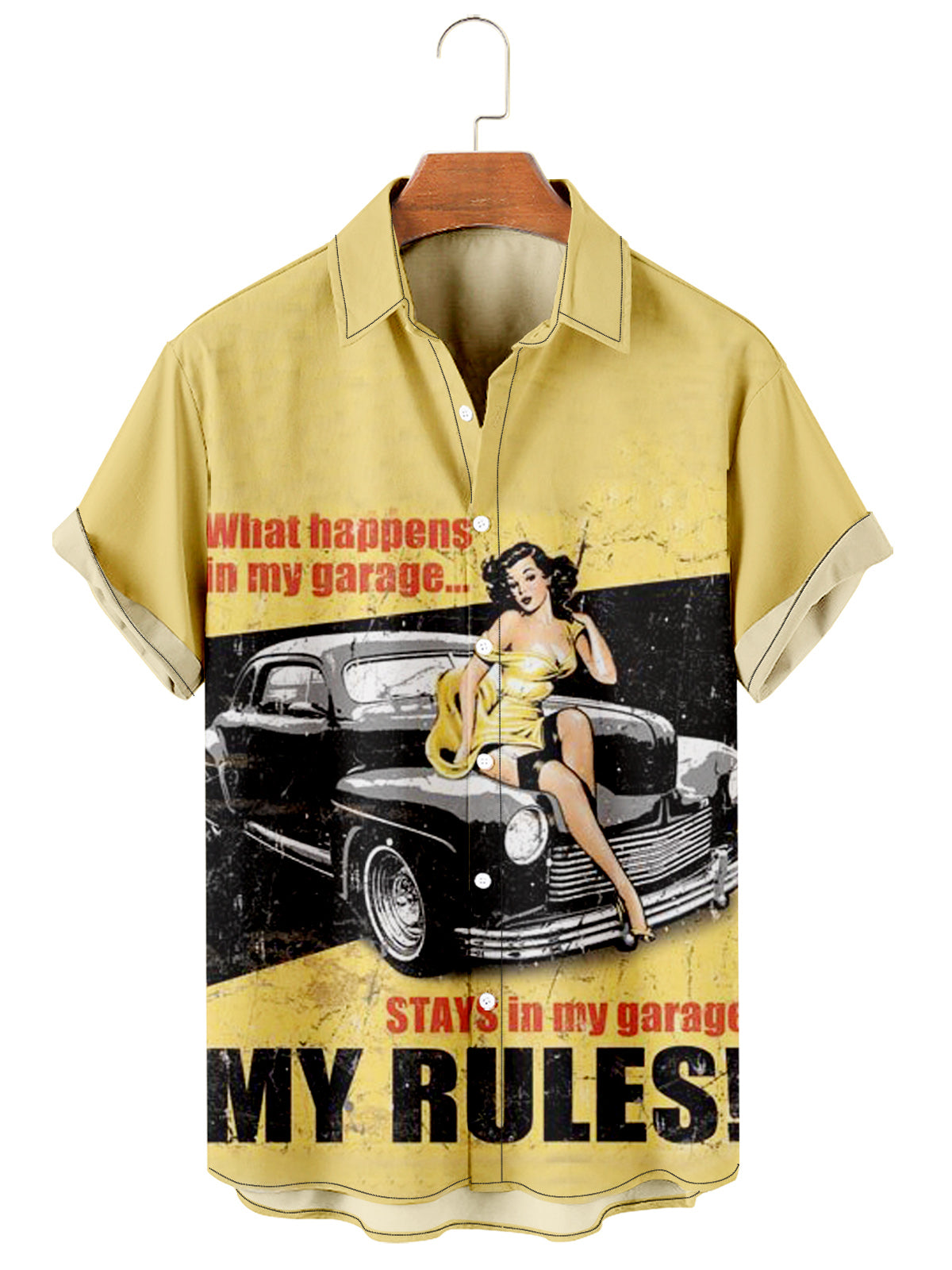 Trendy Retro Car Pattern Contrast Color Stitching Personalized Fashion Fabric Comfortable Men's Shirt PLUSCLOTHESMAN