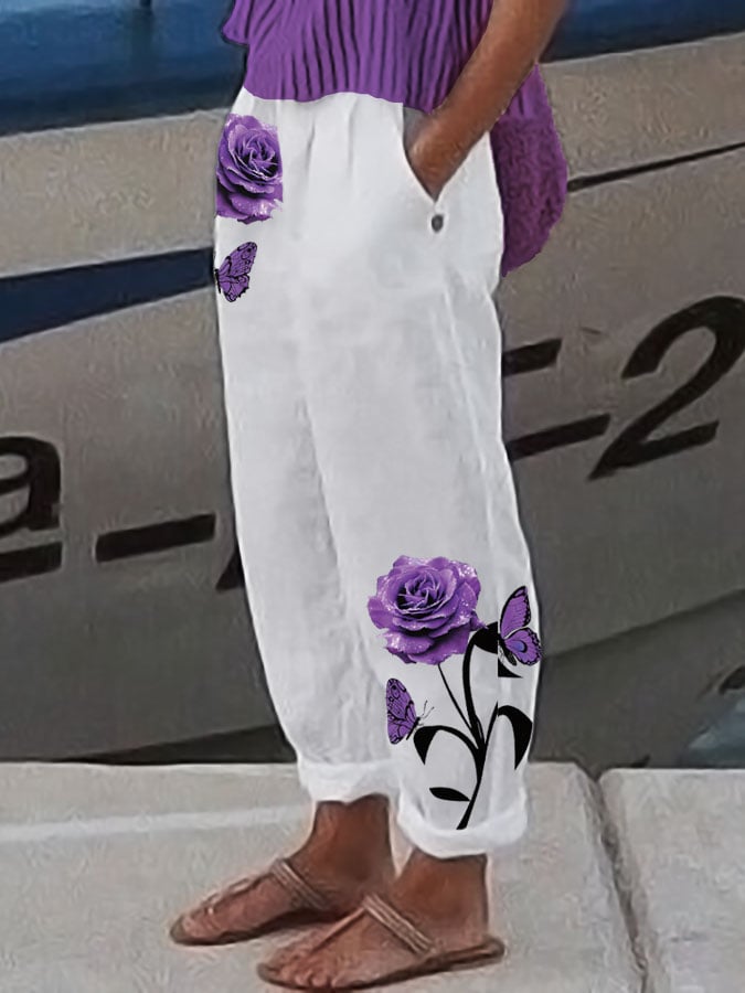 Women's Alzheimer's Purple Floral Butterfly Print Casual Pants