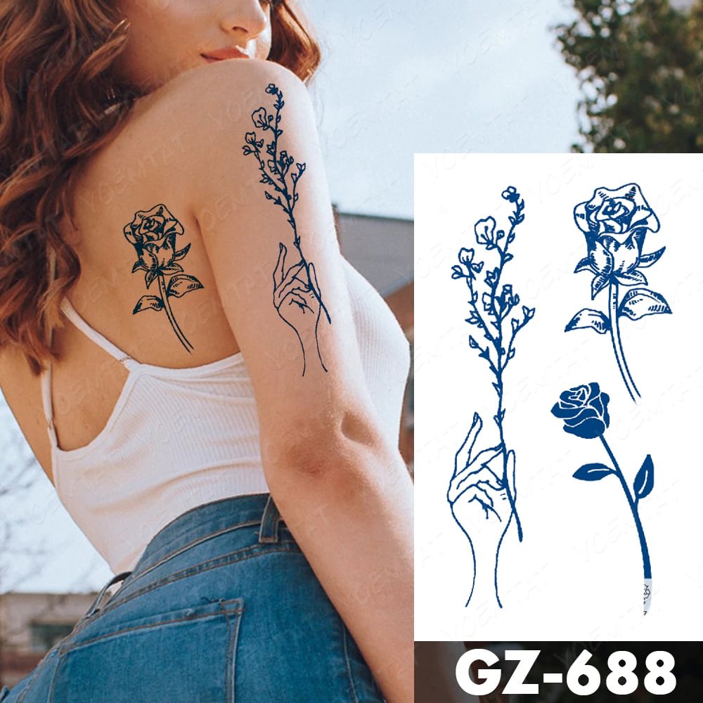 Gingf Waterproof Temporary Tattoo Sticker Line Flower Text Genipin Herbal Leaves Juice Lasting Ink Fake Shoulder Tatoo
