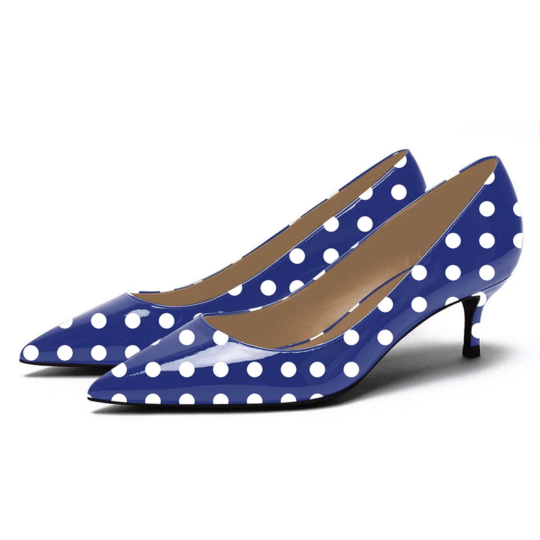 Simple Navy Patent Leather Polka Dot Pointed Toe Low Heel Pumps