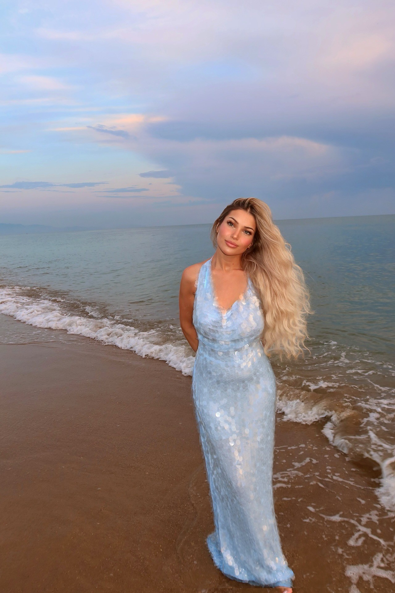 Lvs&Broner Blue Halter Neck Sleeveless Long Mermaid Prom Dress With Sequins