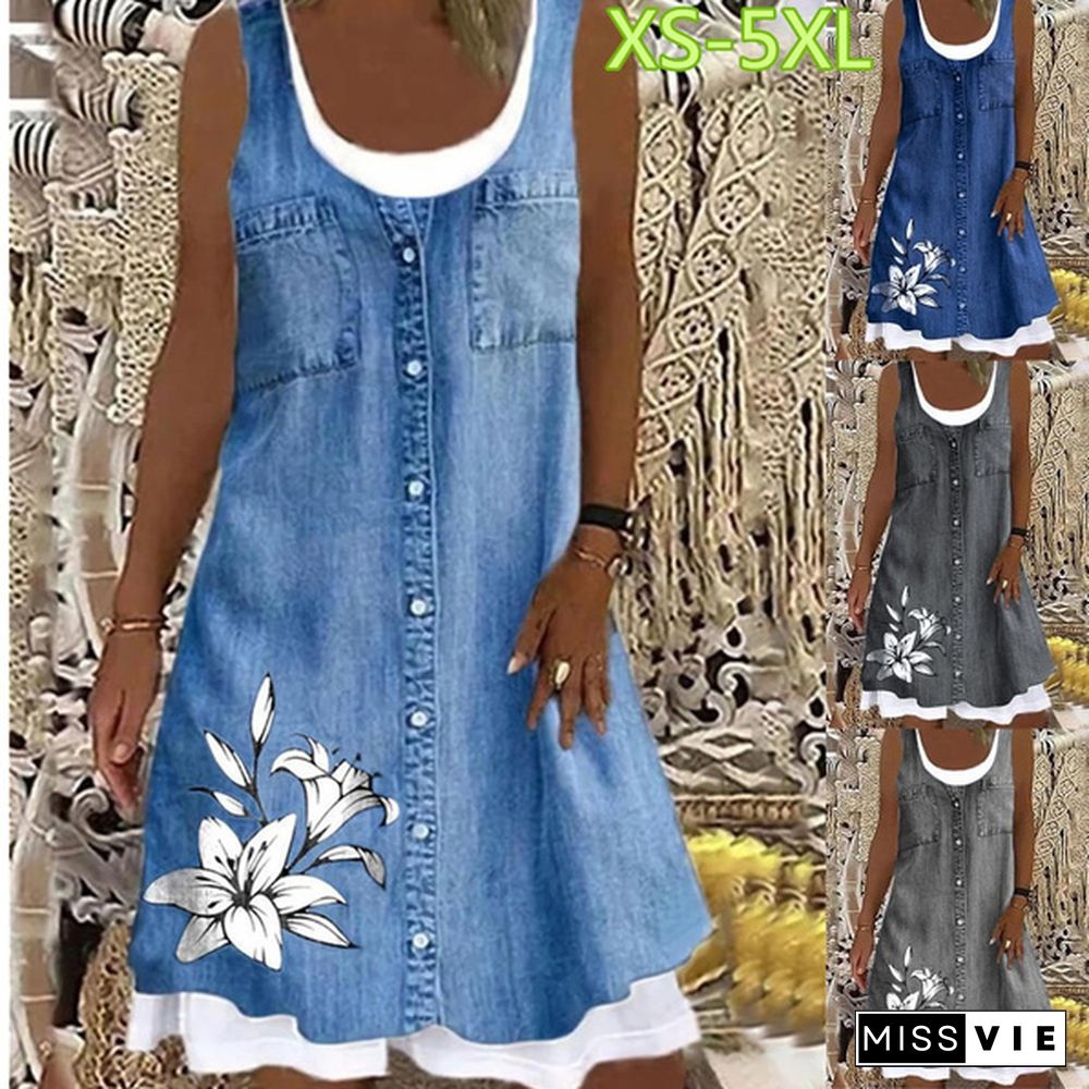 New Fashion Flower Womens Dress Summer Plus Size Comfortable XS-5XL