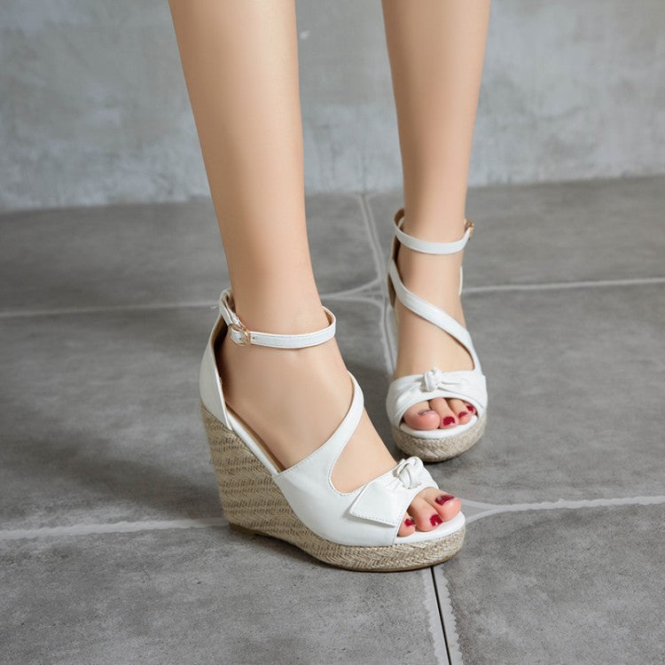 Lady's peep toe espadrille wedge sandals hollow cutout ankle strap wedges