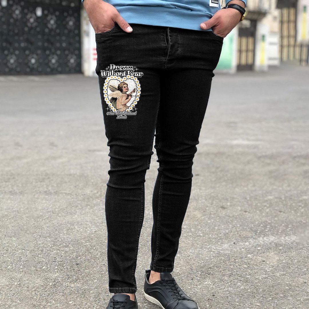 Vintage Angel Print Casual Skinny Jeans