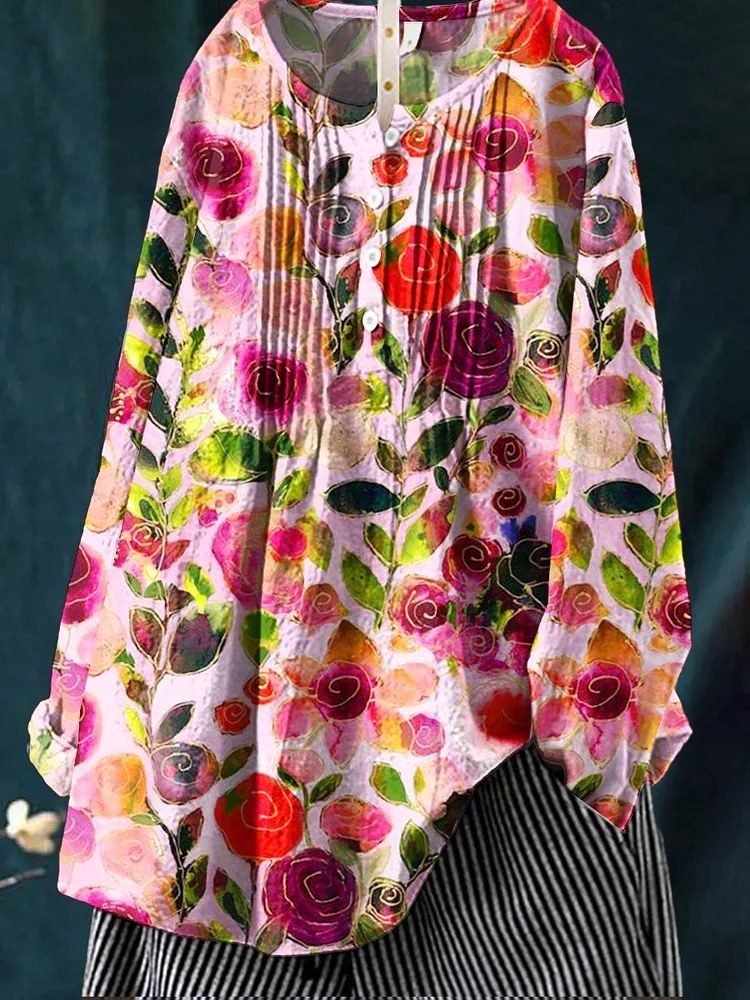 Women's   Flower Art Print Casual Cotton And Linen Shirt