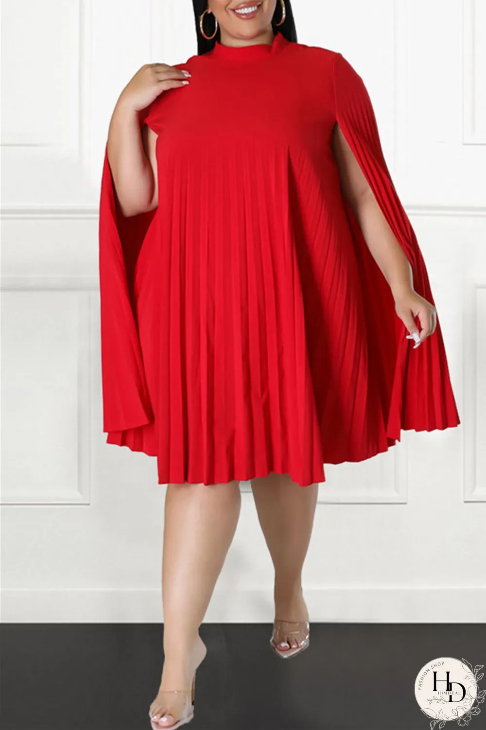 Red Casual Solid Patchwork Fold Half A Turtleneck Plus Size Dresses