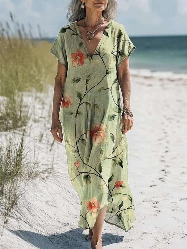 Women's Vintage Lovely Floral Art Print Pocket Cotton Dress
