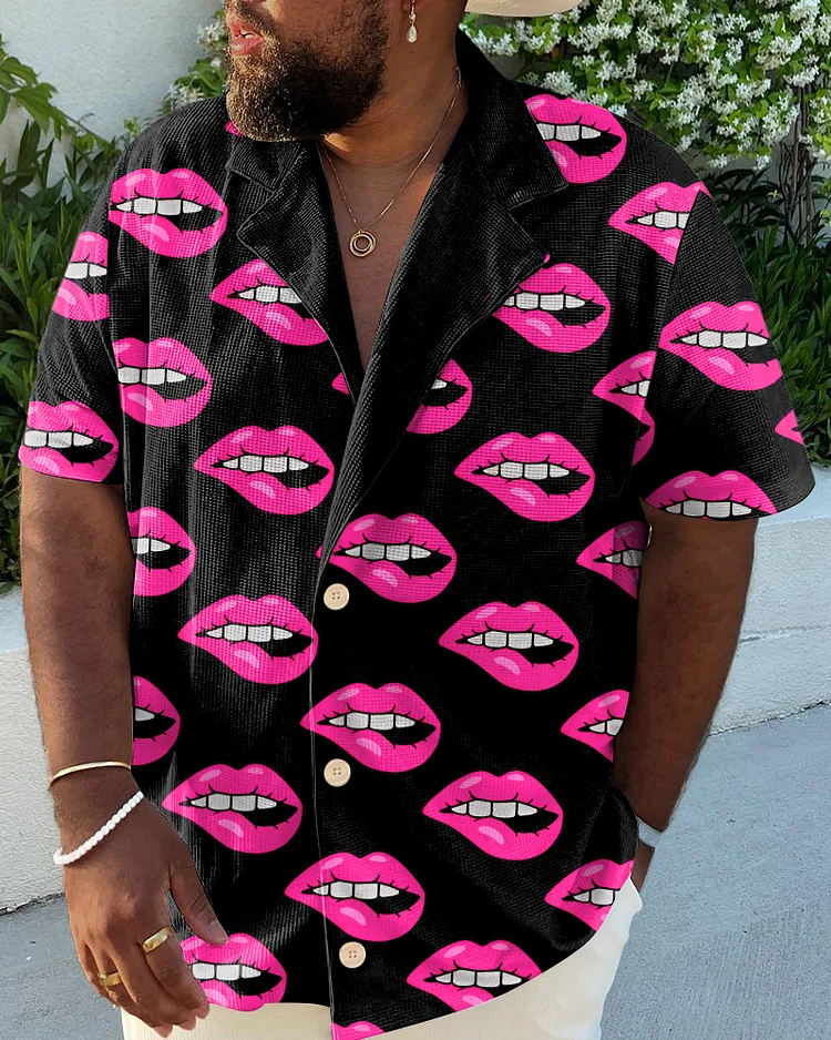 Men's Plus Size Casual Pink Art Flame Lips Shirt