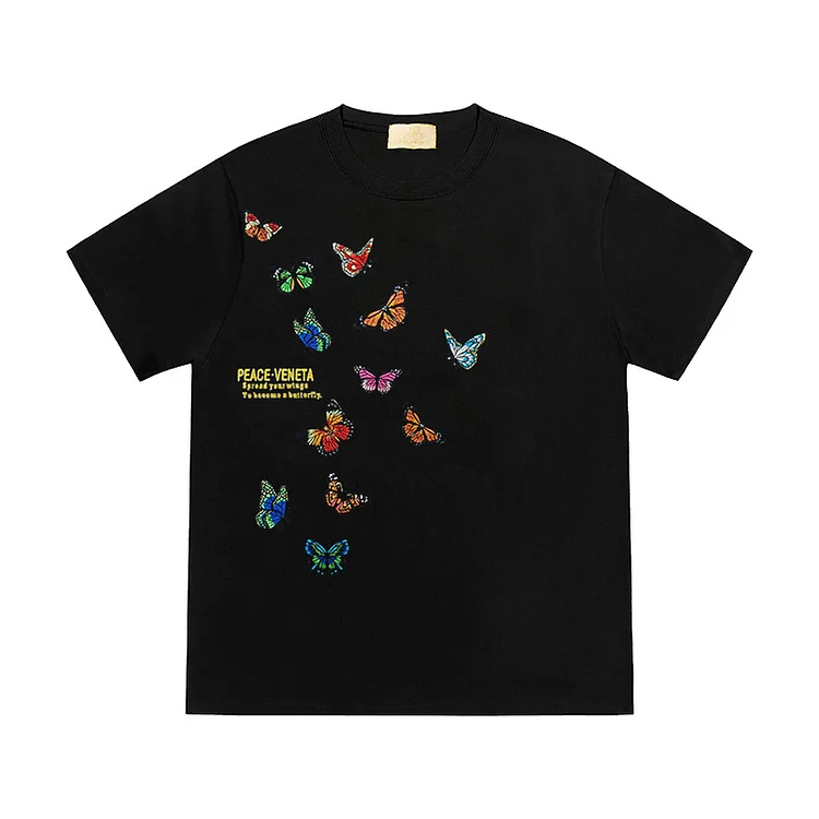 Butterfly Embroidered Sleeve Hip Hop Loose T-Shirt Top at Hiphopee