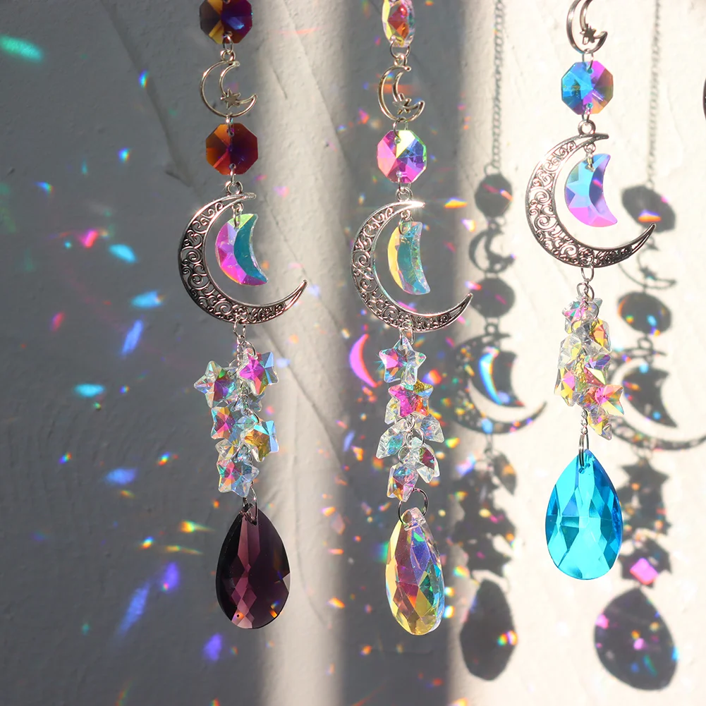 Crystal Diamond Wind Chimes Metal Hexagon Star Moon Hanging Ornaments Decor