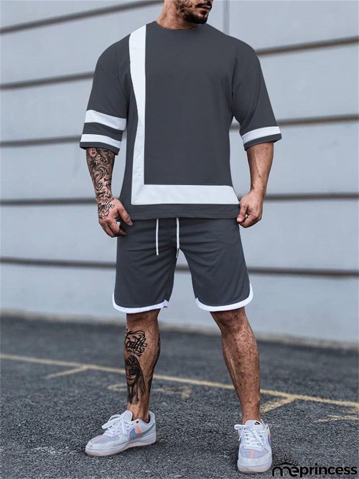 Men's Round Neck Loose Contrast Color Short Sleeve Sets