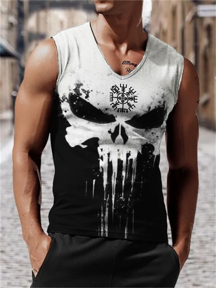 BrosWear Men's Viking Vegvisir Skull Contrast Color V Neck Tank Top