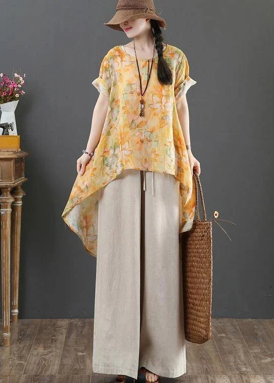 Plus Size Yellow Print Linen low high design Shirt Summer