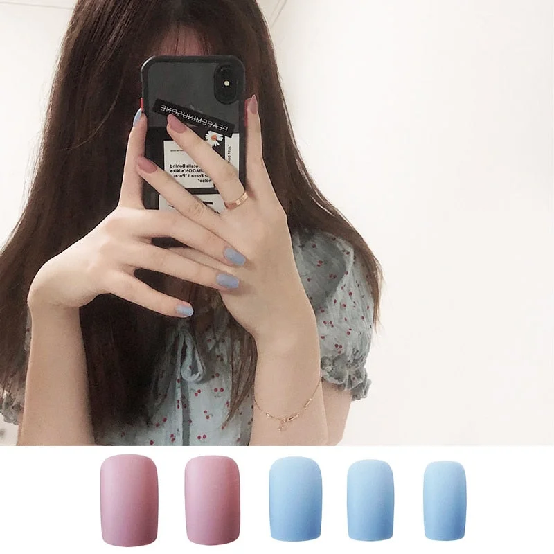 24pcs/set faux nails Accessories for women matte Pink False Nail with glue solid Color Short Square full cover press on nails-Nail Inspo